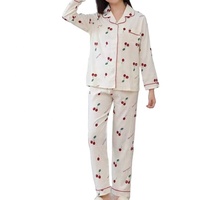 Pyjama Femme Automne Printemps Manches Longues Doux Ensemble de Nuit Motif Cerise Floral Dessin Animé Femme Nuage Coton Cardigan Vêtement de Nuit pour la Maison