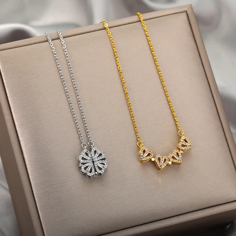Hot selling Four Love Hearts Pendant Necklace Gold Plated Stainless Steel Diamond Leaf Clover Heart Necklaces customize Women