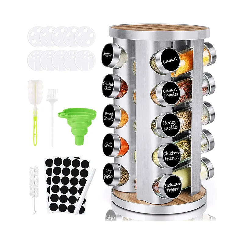 Conjunto organizador de potes de tempero, jogo de frascos giratórios, organizador em aço inoxidável, rack de tempero de cozinha com garrafa de vidro, 360