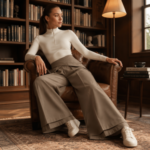 Pantaloni da donna a gamba larga con pieghe origami a tutta lunghezza e cintura multi-pannello piegata. Tasca portaoggetti nascosta, a doppio strato a cascata - Product Image 2
