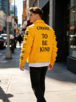 Nouvelle veste en jean jaune pour homme, style streetwear, avec patchwork graphique, bords effilochés, effet usé, veste de camionneur, vêtements d'extérieur pour homme