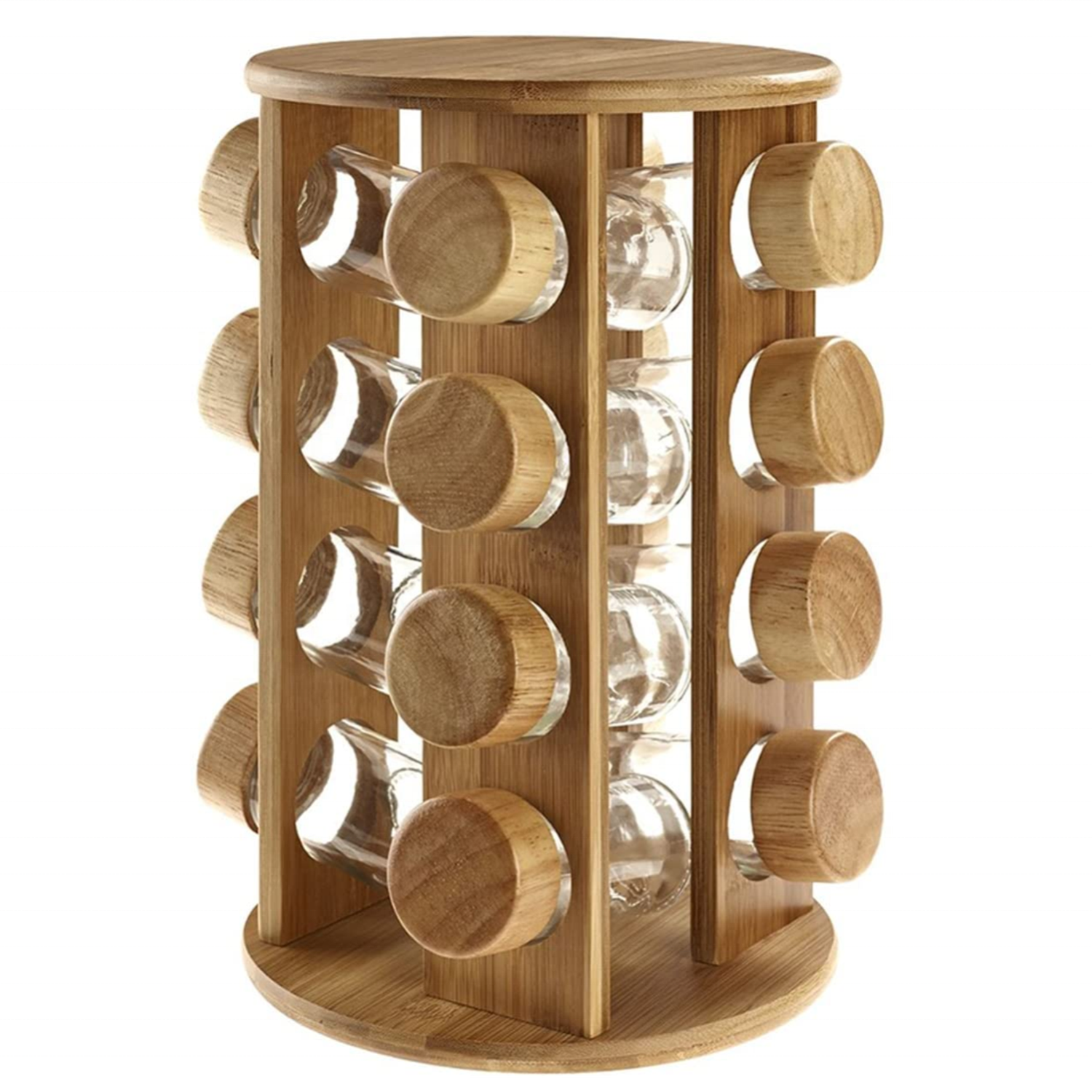 Sample Avaliable Wholesale Kitchen Bamboo Wooden Rotating Revolving Spice Organizer Jar Rack Set with 16 Glass Jar