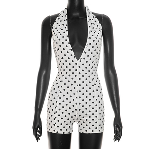 Viviblook Q26RP090 Combinaison une pièce sexy pour femme, imprimé pois, sans manches, dos nu, col en V profond, coupe ajustée - Product Image 2