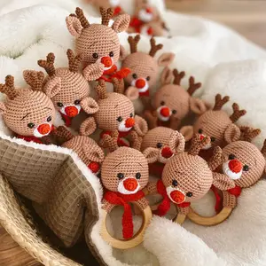 C'dear New year baby gift Wholesale Wood Crafts Natural Beech Wooden Christmas Amigurumi Organic Cotton Crochet Baby Rattle//