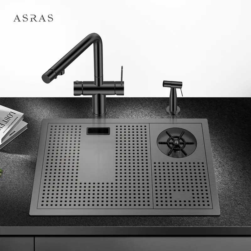 Asras SUS304 lavello da cucina fatto a mano nano nero con scarico a sciacquone e cucina faucet-5338NX