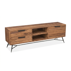 Commode en bois de chêne massif français à 2 tiroirs, design artisanal écologique, finition noyer, autoportante, pour salon et entrepôt - Product Image 4