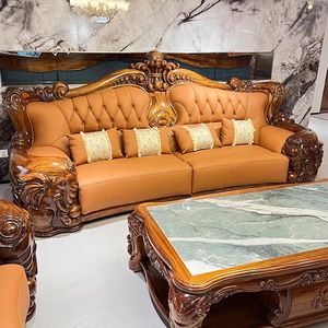 Hand Carved Wood Sectional <b>Sofa</b> European Style PU Leather and Wood <b>Sofa</b> <b>Sets</b> for Apartment and Hotel Use - Product Image 1