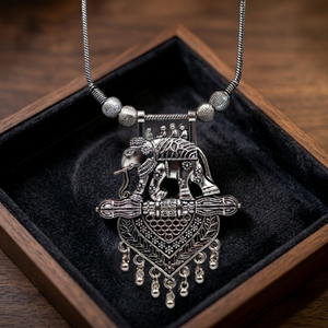 Party Wear German Silver Look Necklace <b>Elephant</b> Pendant Silver Plated Oxidized Round Shape Chain Brass Silver Necklace - Product Image 2