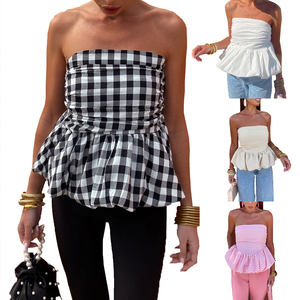 Chemise <span class=keywords><strong>bandeau</strong></span> sans bretelles à volants en vichy rose pour femmes, chemisier d'été à carreaux pour pique-nique et fête - Product Image 2