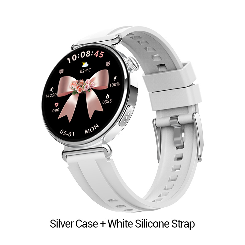 Boîtier argenté + bracelet en silicone blanc
