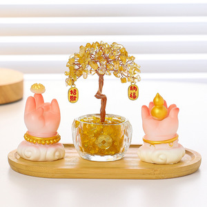Figura de Resina con Cristal Amarillo en Forma de Mano de Buda y Árbol de Granada, Decoración para el Hogar, Regalo para la Buena Fortuna y la Prosperidad - Product Image 1