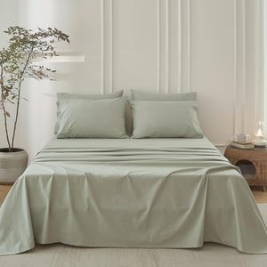 Parure de lit King Size verte en coton lavé 100 % Oeko-TEX Standard, motif uni, drap-housse à poches profondes - Product Image 3