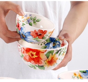 Service de table en céramique pour le petit-déjeuner, motif floral aquarelle, texture tissu, compatible micro-ondes - Product Image 3