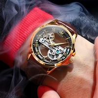 OLEVS – montre mécanique pour hommes, nouveau design, bracelet en cuir véritable, étanche, miroir Transparent, belle montre-bracelet squelette, 6661