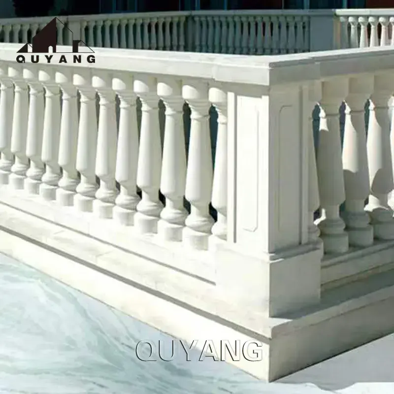QUYANG Custom Outdoor Decoration Hand Carved Stone Stair Case Railings White Natural Marble Balcony Railing