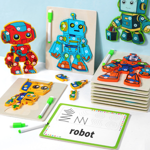 Puzzle multifonctionnel pour enfants Puzzle robot 2-en-1 Apprendre à écrire Planche à dessin double face Jouets éducatifs montessori en bois - Product Image 4