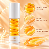 Lotion corporelle double tourbillon à marque privée avec texture bicolore orange-jaune visible, emballage moderne et soin hydratant lissant