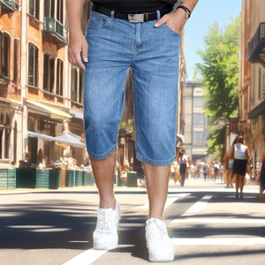 กางเกงยีนส์ขาสั้นผู้ชายไซส์ใหญ่ทรงยาวสไตล์สตรีทเอวสูงผ้าถักยืดบางเบาใส่สบายสำหรับฤดูร้อน - Product Image 2