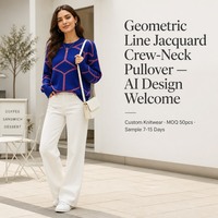 Pull-over décontracté pour femme à col rond en jacquard à motifs géométriques, personnalisable OEM, vente en gros, marque privée, faible MOQ, échantillon