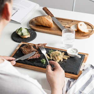 Plateau en bois d'acacia massif pour snacks et steaks, assiettes en ardoise noire pour <span class=keywords><strong>restaurant</strong></span>, fête, cuisine japonaise, assiette en pierre - Product Image 6
