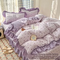 Parure de lit quatre pièces en tulle style frais, motif dentelle française, couvre-lit matelassé doux, dessin animé, plantes et fleurs