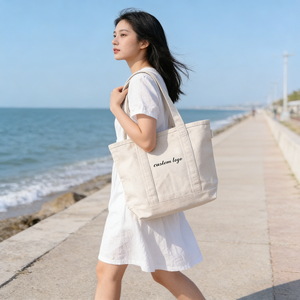 Sac fourre-tout en toile de coton sur mesure, grand format, fait main, réutilisable, sac à bandoulière pour le shopping avec poches zippées, écologique, vente en gros - Product Image 2