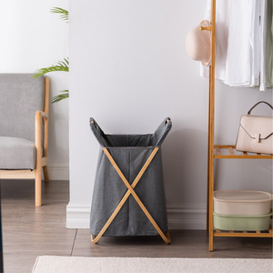 Bamboo <b>Laundry</b> <b>Basket</b> Gray Canvas Rectangle Standing Type Clothing Organizer Bathroom Storage - Product Image 1