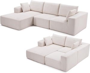 Modular L-Shape Beige Leather <b>Sofa</b> Foam Compressed <b>Sofa</b> Couch Compressed <b>Sponge</b> Corduroy Sectional <b>for</b> Living Room - Product Image 1