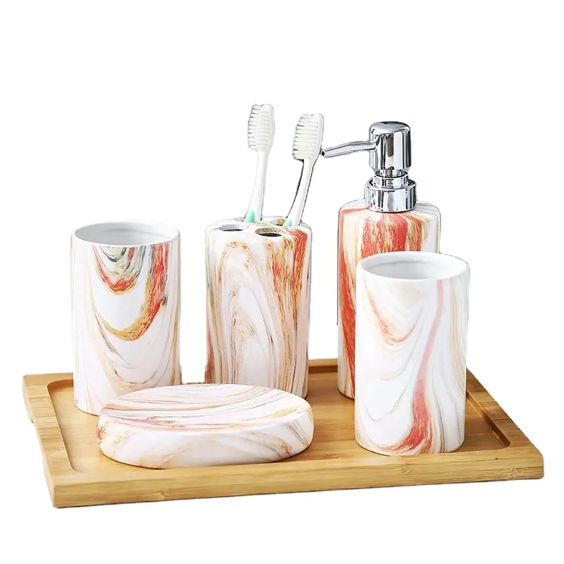 Frosted Wholesale Matt 4 pcs bathroom Accessory Set Pink Marble Ceramic Soap Dispenser Set