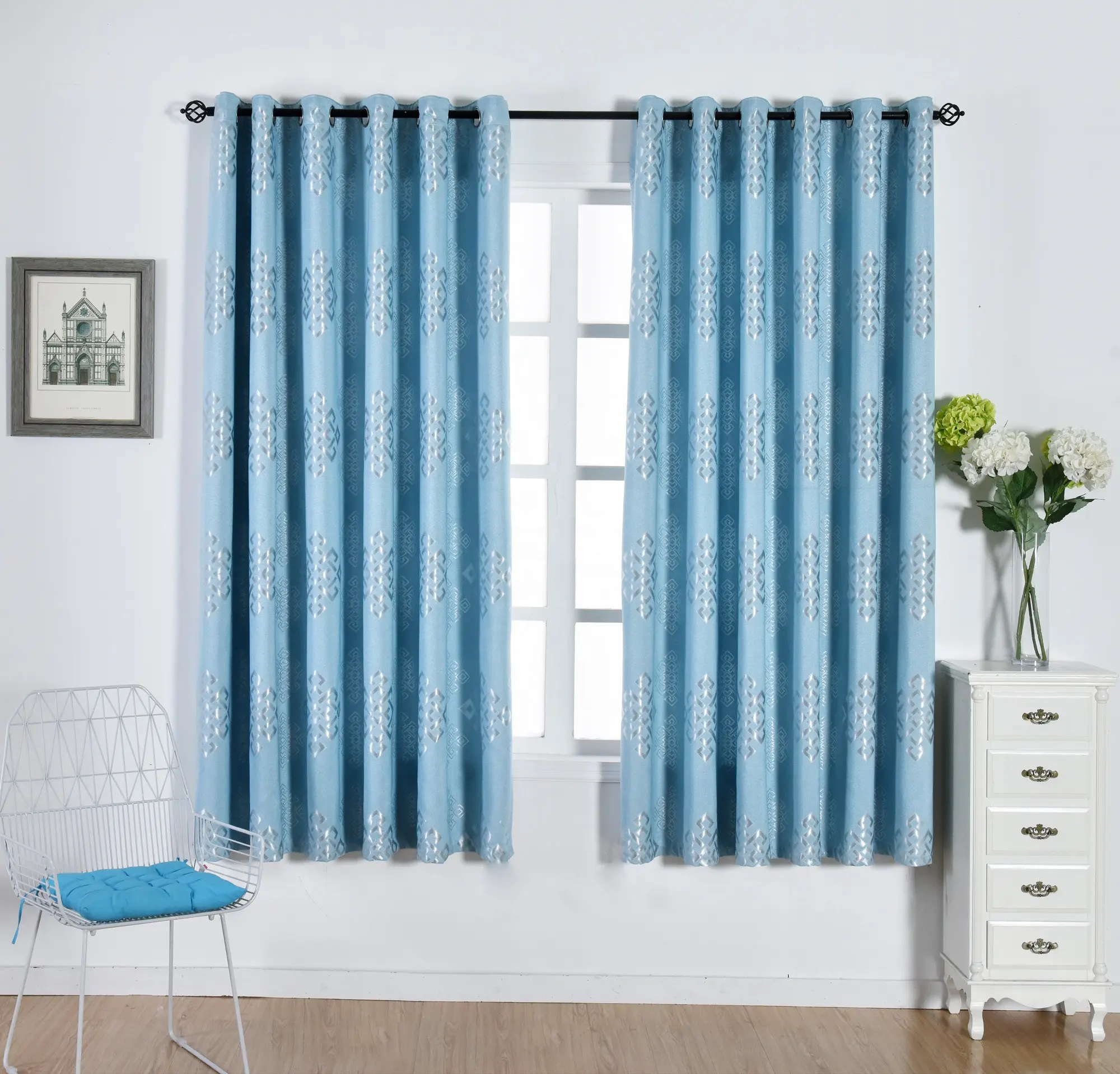 Cortina opaca de diseño elegante Jacquard con nudo chino, cortinas de lujo azul de lino y poliéster para sala de estar y dormitorio