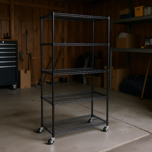 Scaffalatura a 5 Ripiani in Acciaio Nero con Ruote per Garage, Design Industriale, Tipo Verticale Rettangolare - Product Image 2