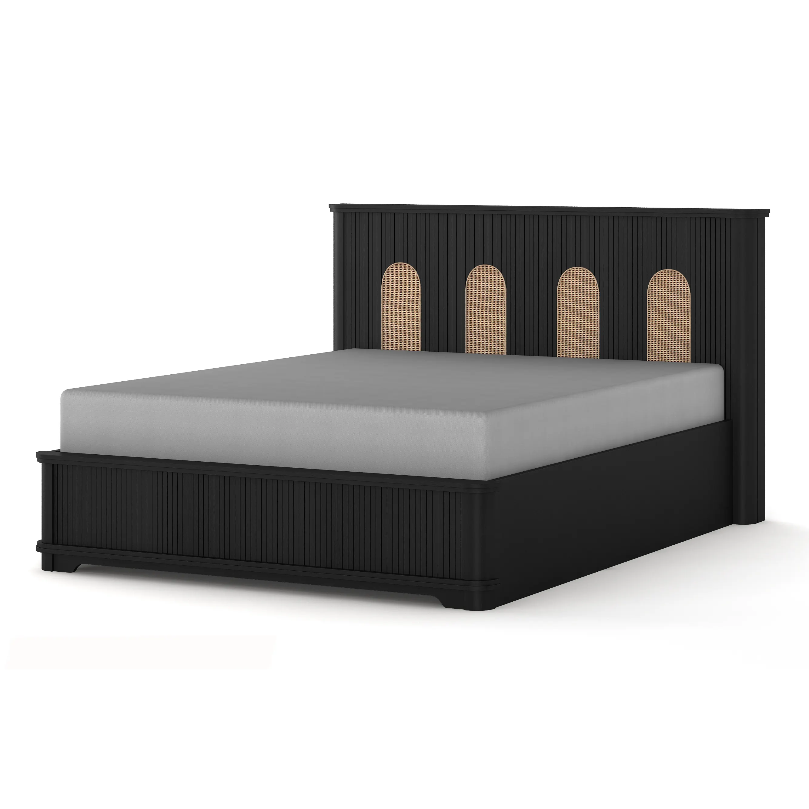 Luxe Morden Bed Slaapkamer Meubels Dubbele Massief Natuurlijke Eiken Houten Bed Set Met Pvc Rotan