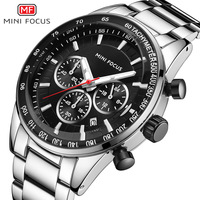 Montre chronographe pour homme, bracelet en acier argenté, cadran noir, tachymètre, affichage de la date, montre de sport et de course