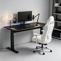 Bureau de jeu réglable en hauteur à double moteur de qualité professionnelle avec boîte à câbles escamotable et éclairage RGB