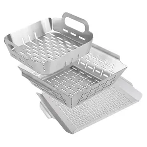 Perforated 3 Pieces Square Round Bbq Veggie Grill Basket Wok Grilling Baskets Set Stainless Steel Vegetable Grill Wok Topper