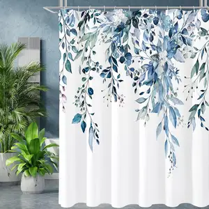 Heiß bedruckter blauer Eucalipten-Duschvorhang Wasserfarbe Pflanzenblätter mit Blumengewebe Polyester-Badezimmer-Duschvorhang-Set