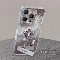 Coque de téléphone magnétique en TPU avec motif dessin animé et finition mate pour iPhone 14 Pro, motif fleur rose argentée avec support et chaîne pour objectif