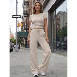Conjunto de 2 Piezas para Mujer, Pantalones Anchos, Top de Manga Corta con Cuello Redondo, Traje Deportivo Informal, Transpirable, Tejido de Punto, para Primavera/Verano - Product Image 2