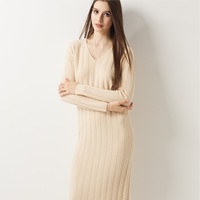 Robe pull à col en V pour femme, tricot côtelé large, manches longues, 30 % cachemire, tailles et étiquettes personnalisées, tenue quotidienne, robe décontractée en cachemire