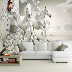 自定义 3D 照片壁纸无纺布 3D 白马大墙壁画壁纸客厅沙发电视墙壁画贴花 3D