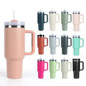 Vente en gros de chope à bière d'extérieur avec logo personnalisé tasse à café de voyage à double paroi 40oz tasses en acier inoxydable gobelet avec poignée et paille