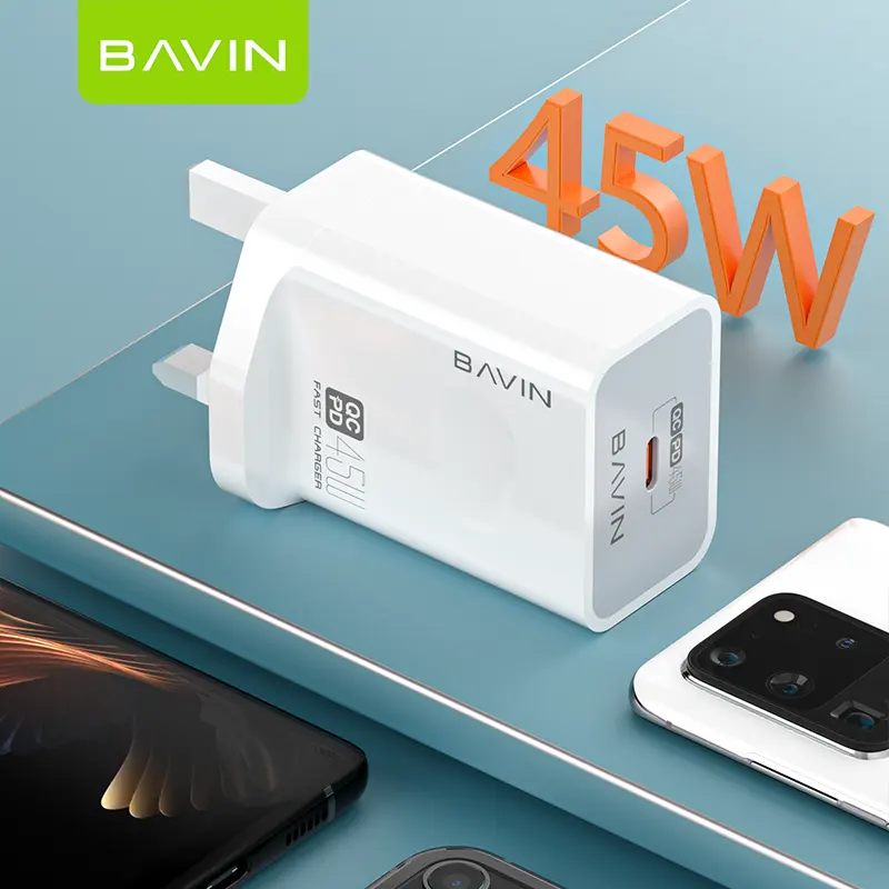 BAVIN UK Plug 45W Carga rápida Móvil portátil 2 en 1 Cargador de teléfono Tipo-c Cable DE DATOS Cargador PC800E