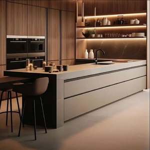 Cuisine ouverte moderne minimaliste sur mesure, armoires de cuisine en tons neutres, rangement en verre, armoires de cuisine en pierre de quartz, prêtes à assembler - Product Image 5