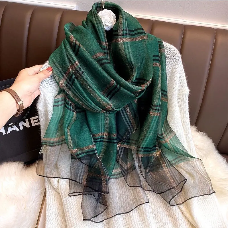New Checkered Scarf Women's Autumn/Winter Korean Edition Versatile Silk Shawl Silk Wool Scarf Long Dual Use Scarf
