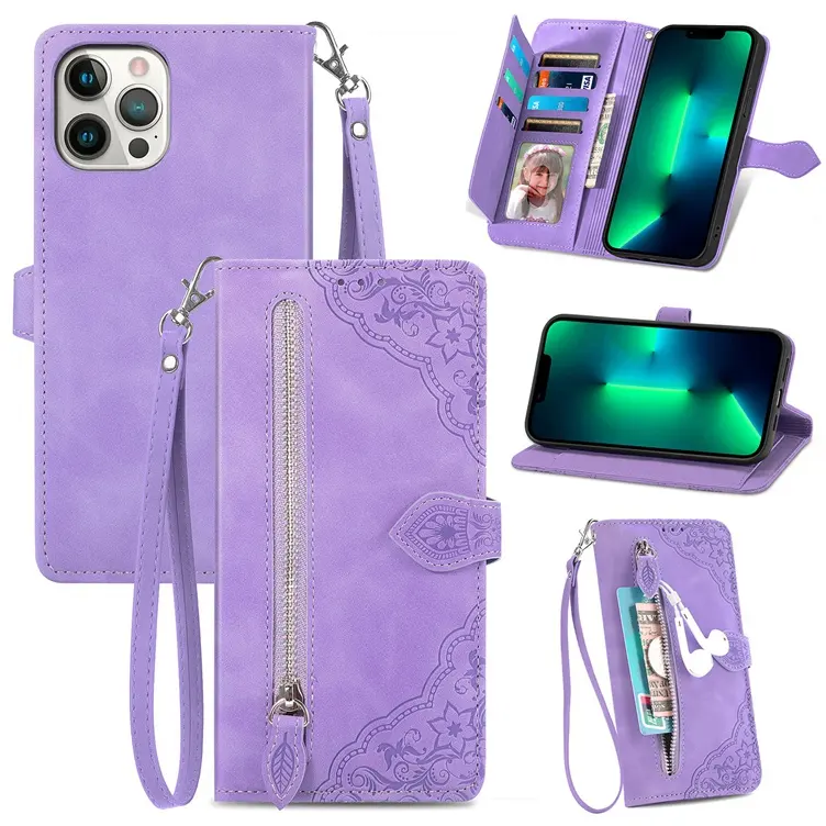 Zipper Multi Card Slot Flower Wallet Leather Case For Iphone 14 13 Mini 12 11 PRO MAX XS XR 8 7 PLUS 6 Money Pocket Purse Cover