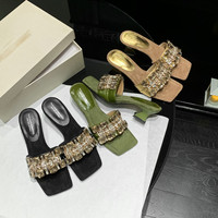 Sandales à Talons Carrés Chunky Vertes Antidérapantes avec Strass pour Port Quotidien, Fêtes et Mariages en Été, Mules Ouvertes OEM/ODM en Gros