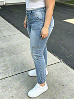Nouveau jean skinny jogger taille haute délavé foncé pour femme grande taille, collection été 2026, avec plusieurs poches et revers élastiques