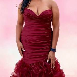 Robes de demoiselle d'honneur sirène en satin élastique bordeaux grande taille, dos zippé, à volants superposés, robe de demoiselle d'honneur pour fête - Product Image 2