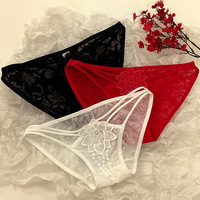 Culotte string ODM pour femme, fine, sexy, en dentelle tricotée, taille basse, brodée florale, ajourée, transparente, à pampilles perlées