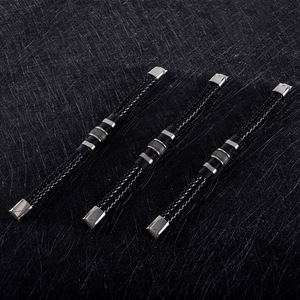 Custom Made Men's Stainless Steel <b>Leather</b> <b>Bracelet</b> Black Steel Color Geometric Design Gift Jewelry YM 0157 - Product Image 1